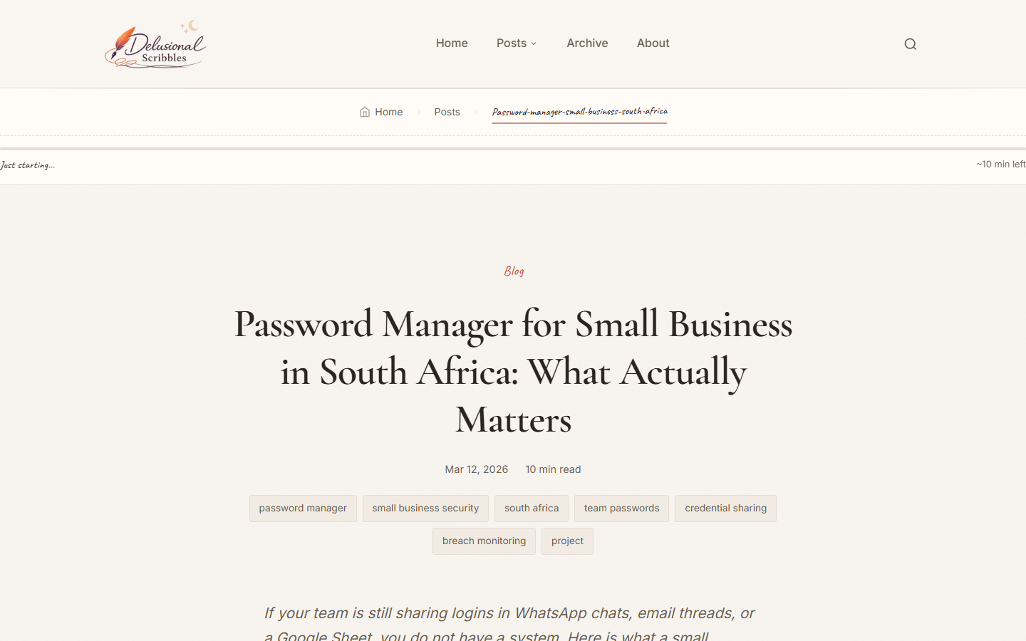 Delusional Scribbles article page for password manager guidance in South Africa