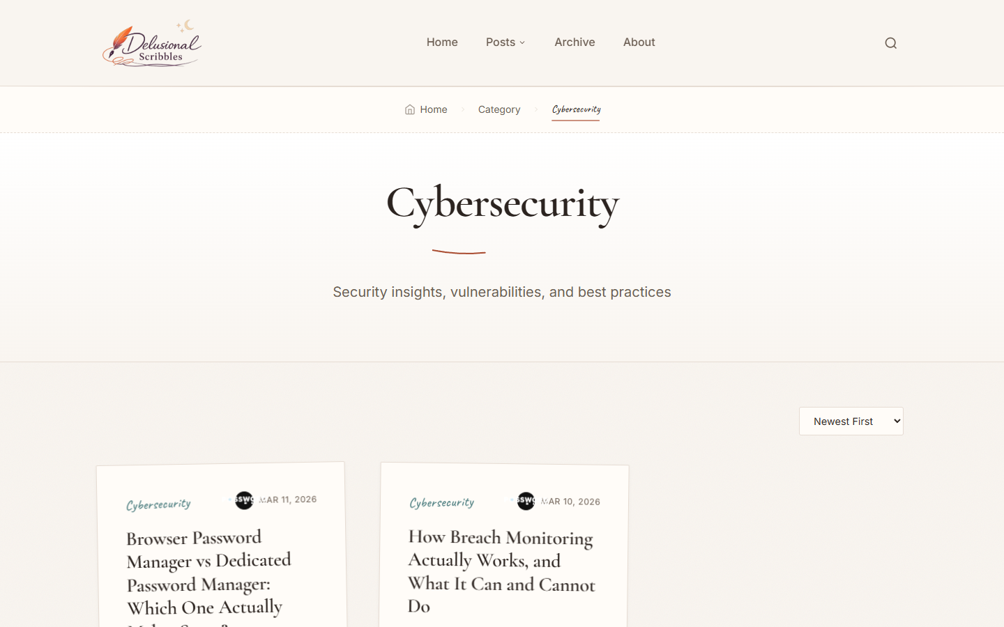 Delusional Scribbles cybersecurity category page with security-focused articles