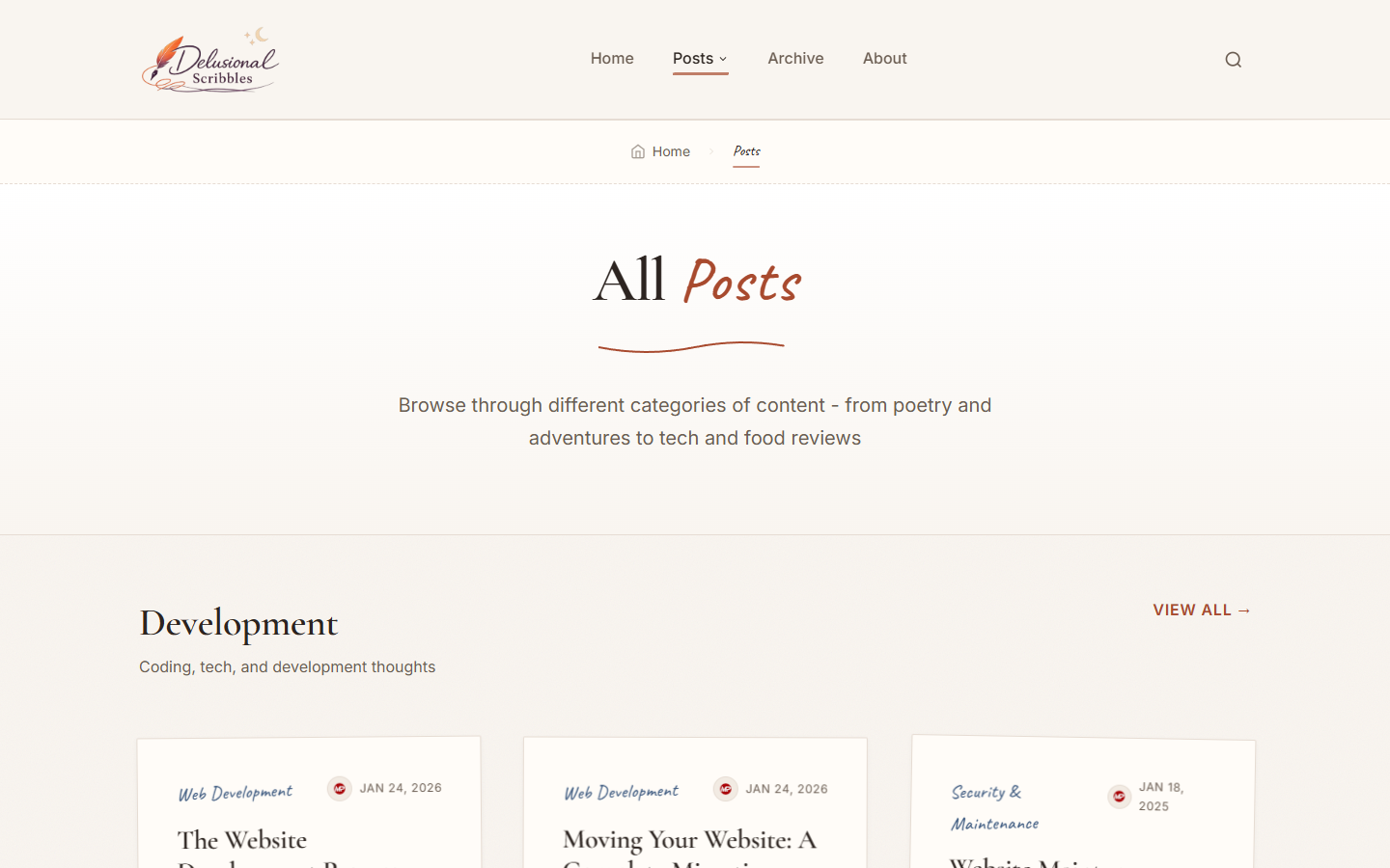 Delusional Scribbles all posts page with searchable editorial archive