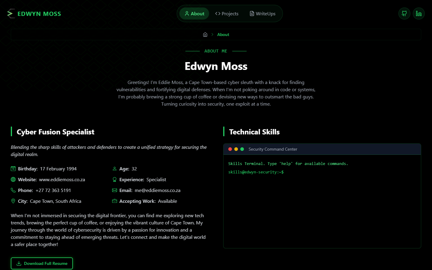 Edwyn Moss about page with cybersecurity background and professional profile content