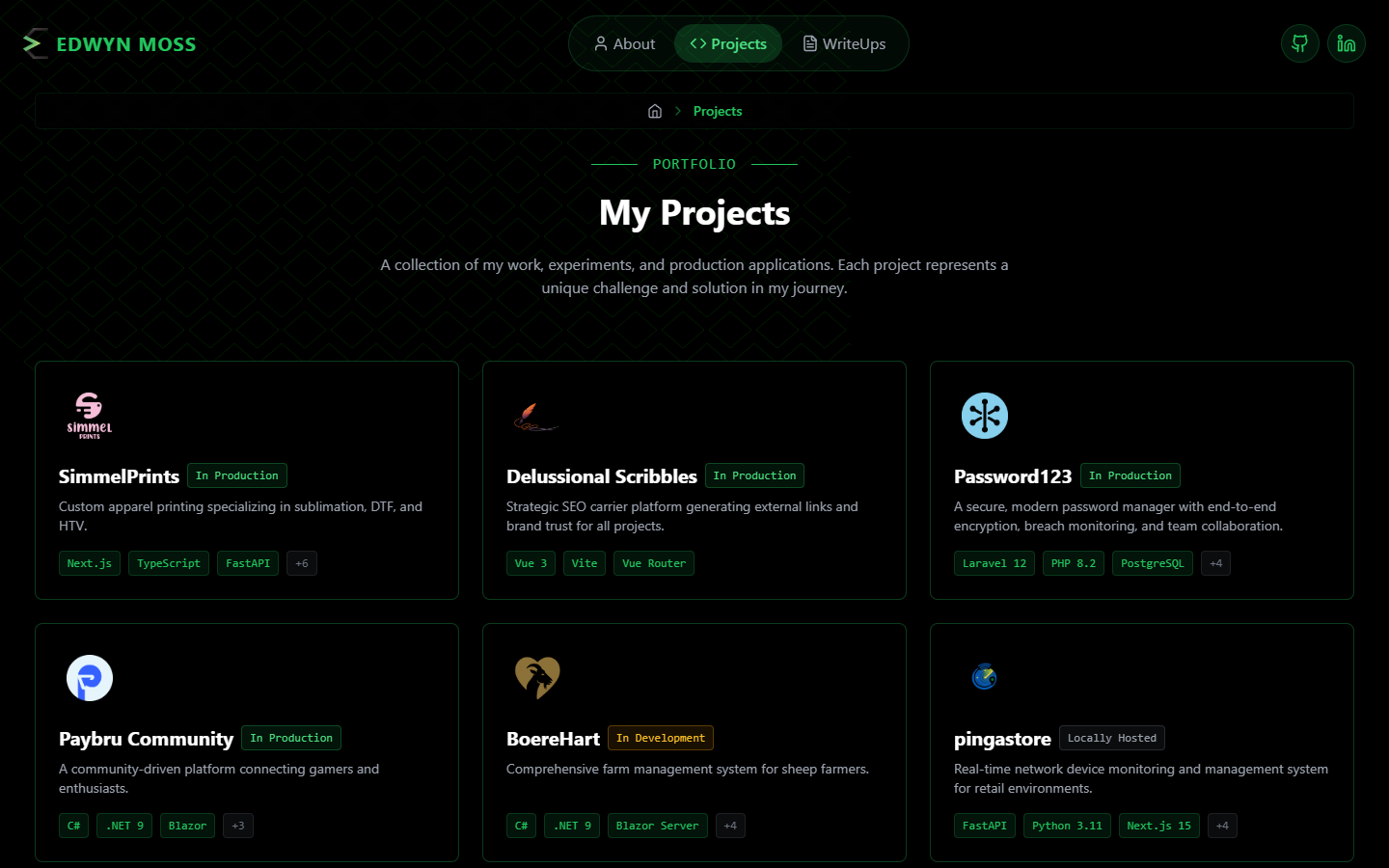 Edwyn Moss projects page with production and cybersecurity project cards