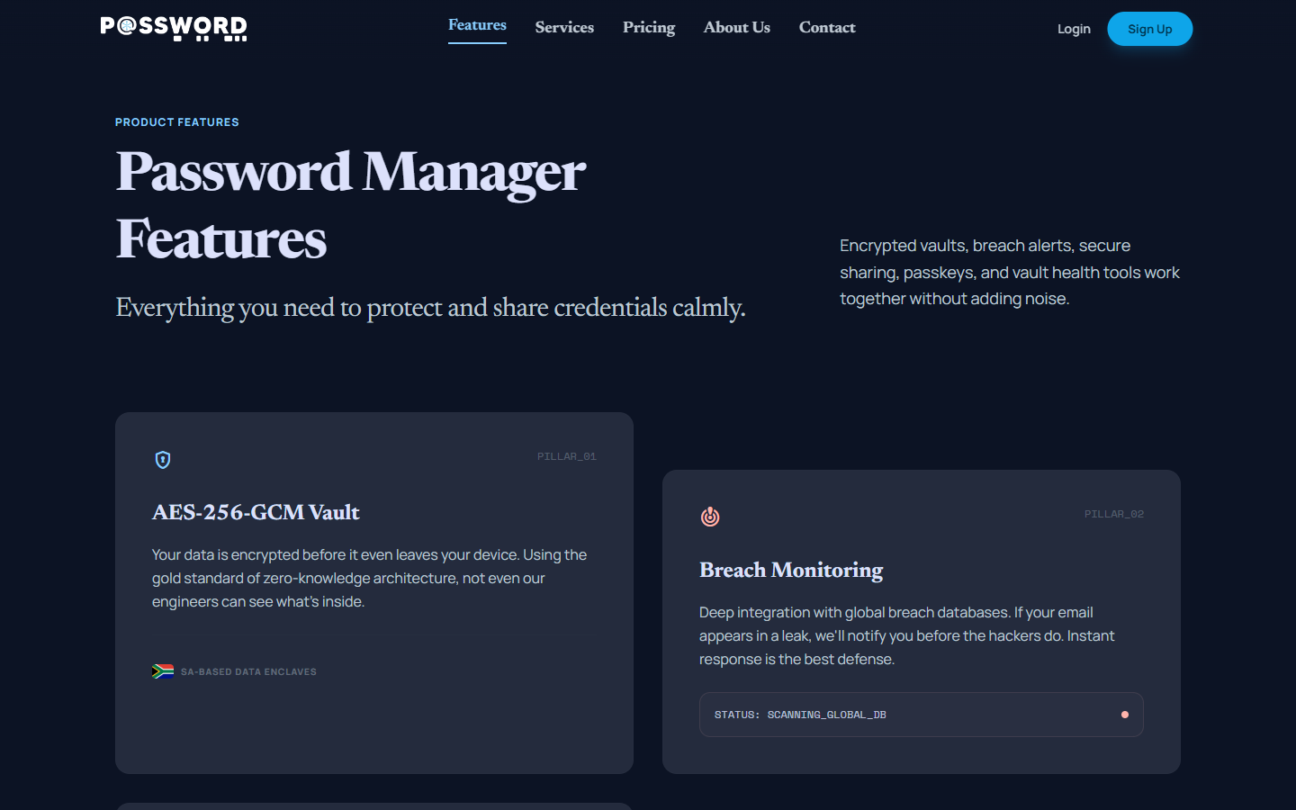 P@ssword123 features page with vault encryption and breach monitoring cards