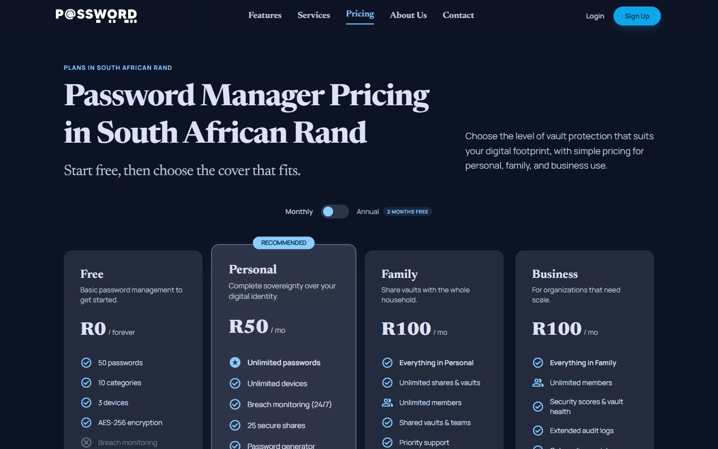 P@ssword123 pricing page with plan cards and subscription tiers