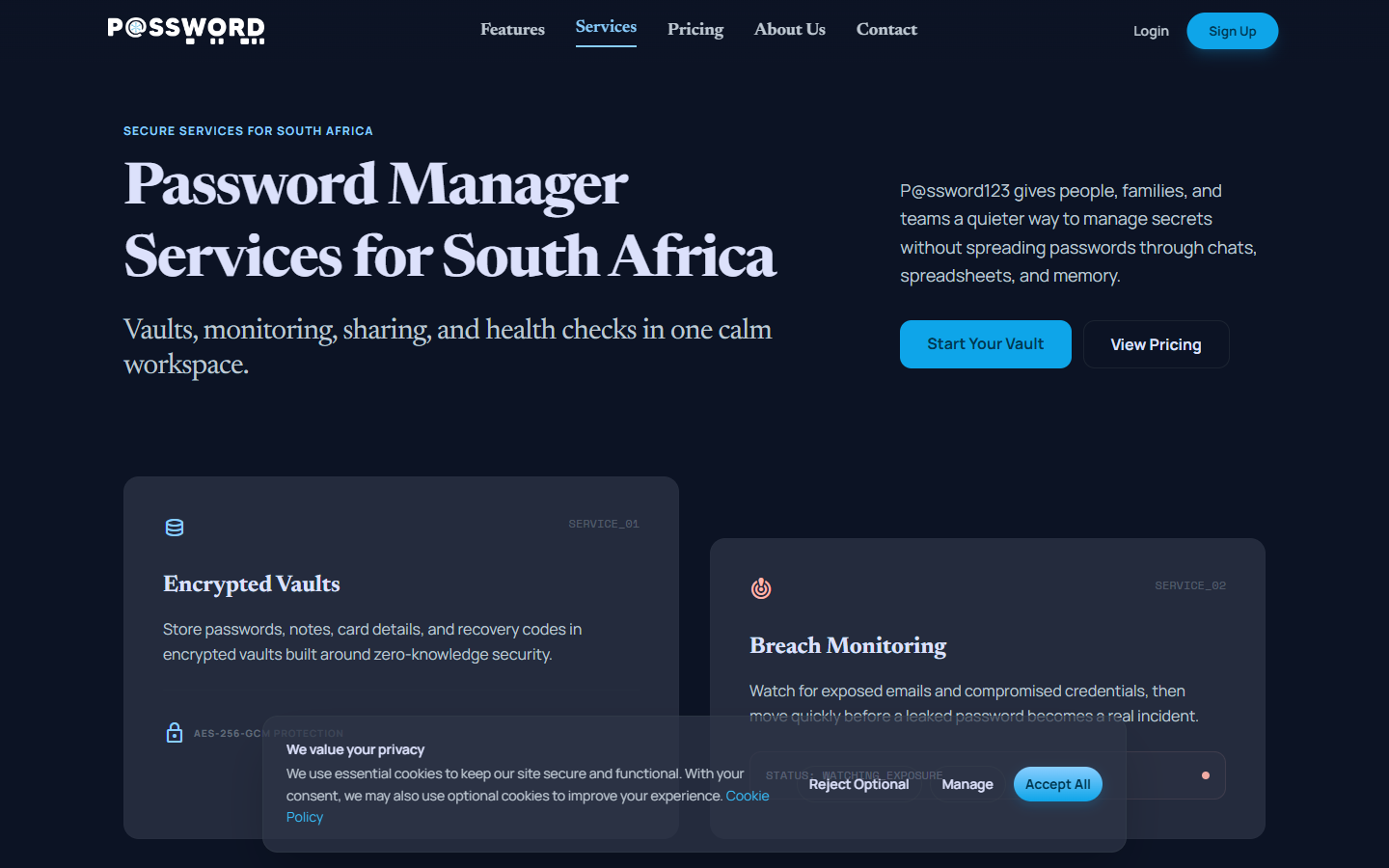 P@ssword123 services page with password manager service positioning