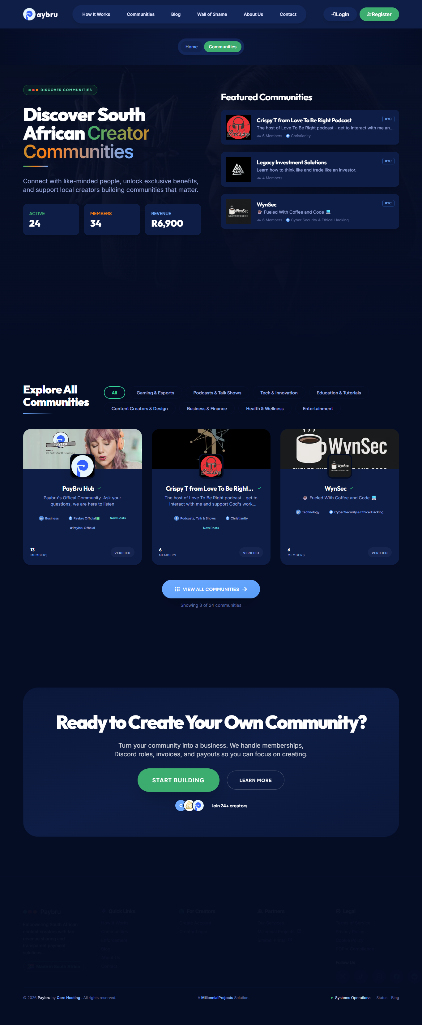PayBru communities directory with featured South African creator communities