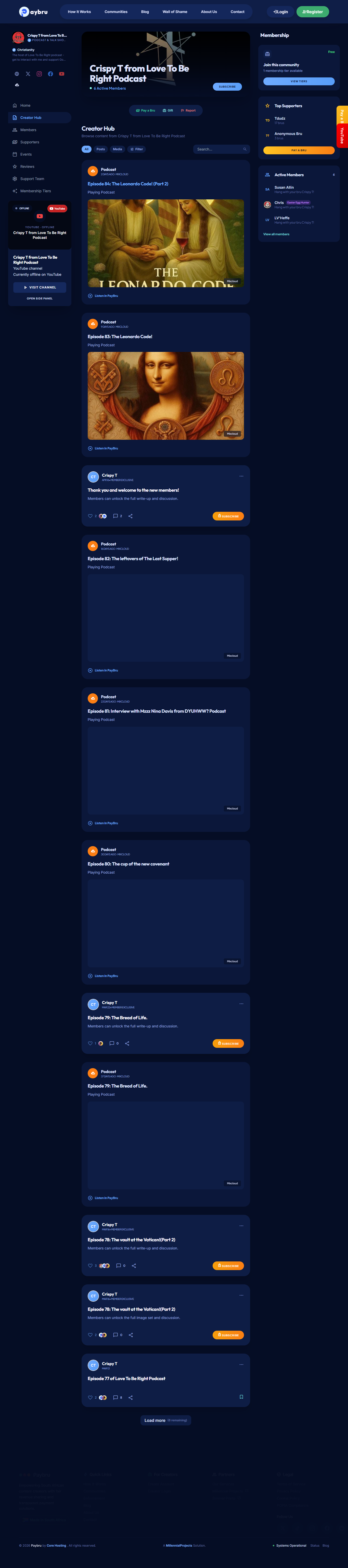 PayBru community profile page for a creator community with membership details