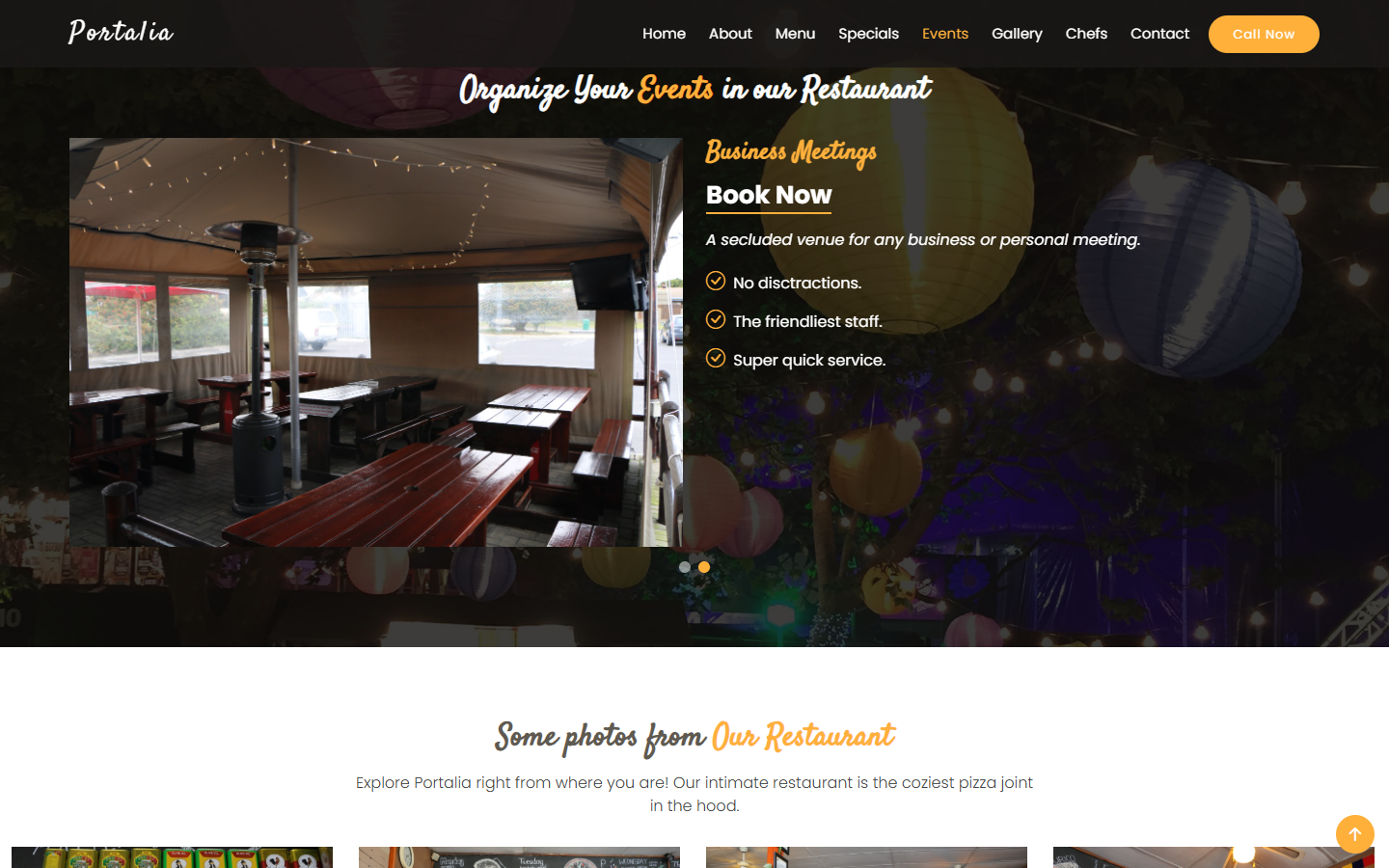 Portalia events section for functions, specials, and restaurant occasions