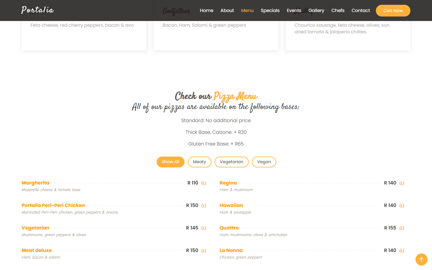Portalia menu section showing pizza menu categories, prices, and base options