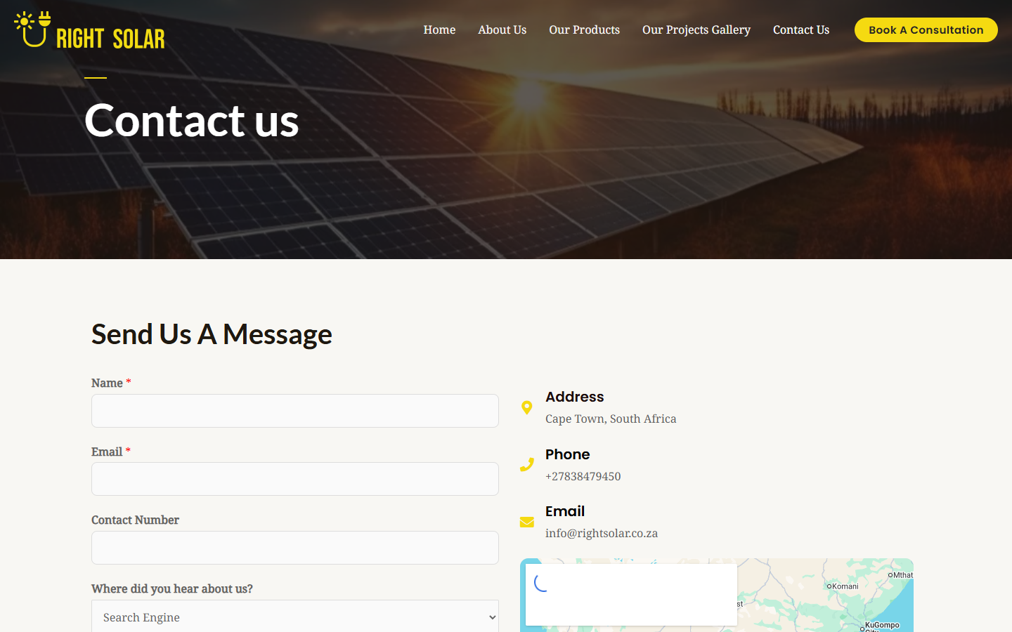 Right Solar contact page with lead form and contact details