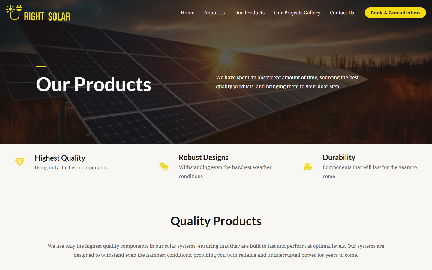 Right Solar products page with commercial, residential, and premium solar options