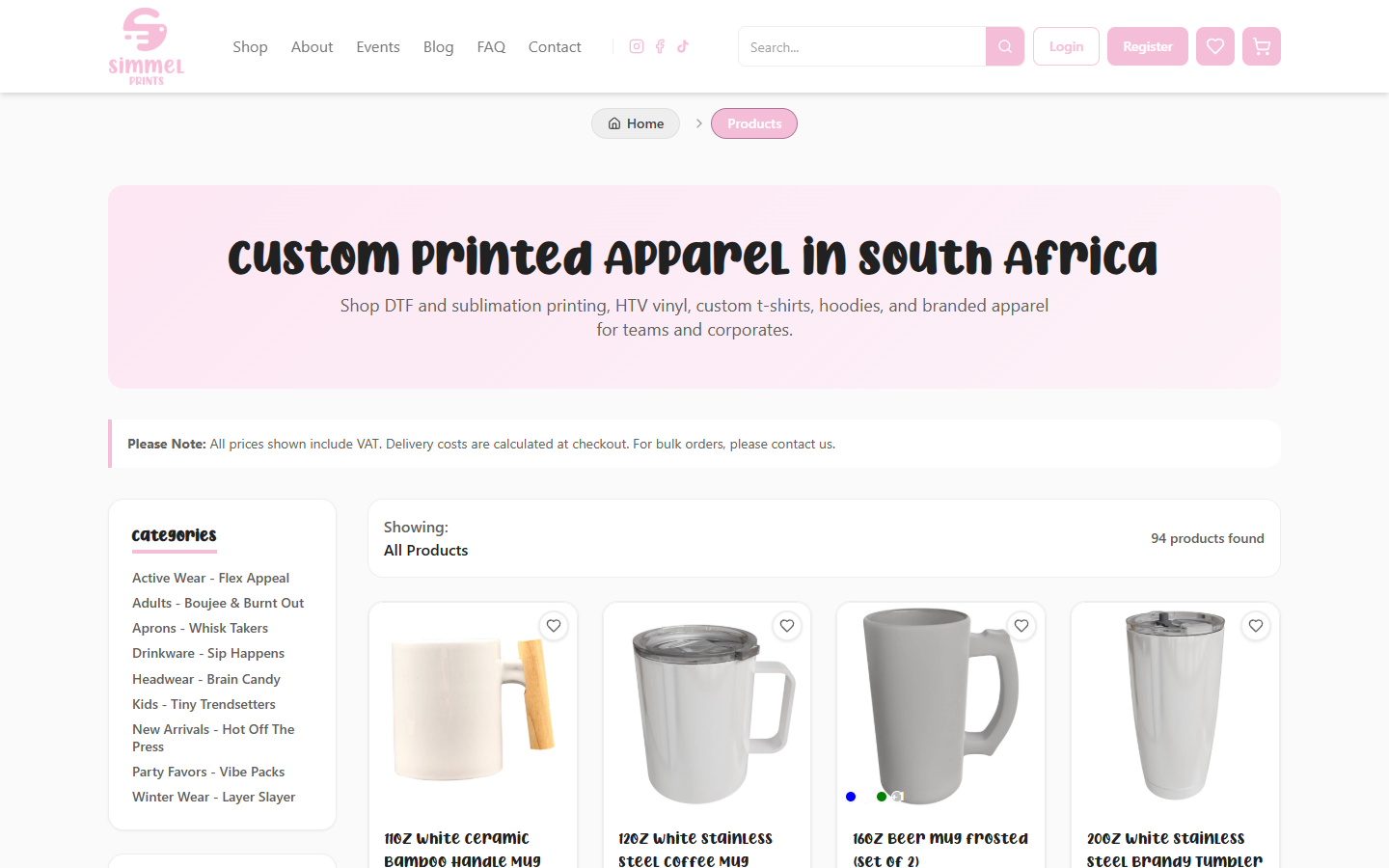 Simmel Prints product catalog with category filters and drinkware product cards