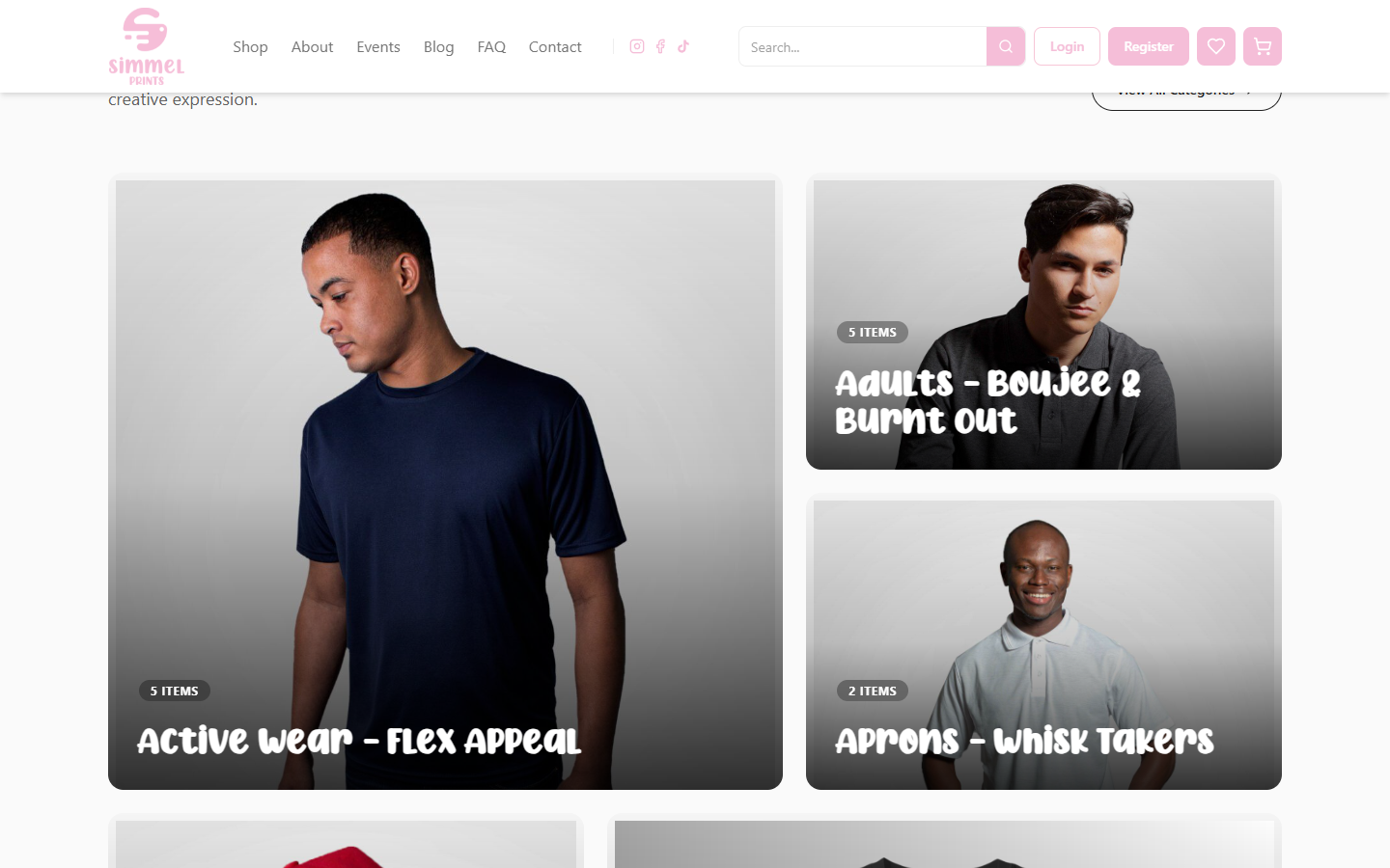 Simmel Prints collection grid with apparel categories and product photography