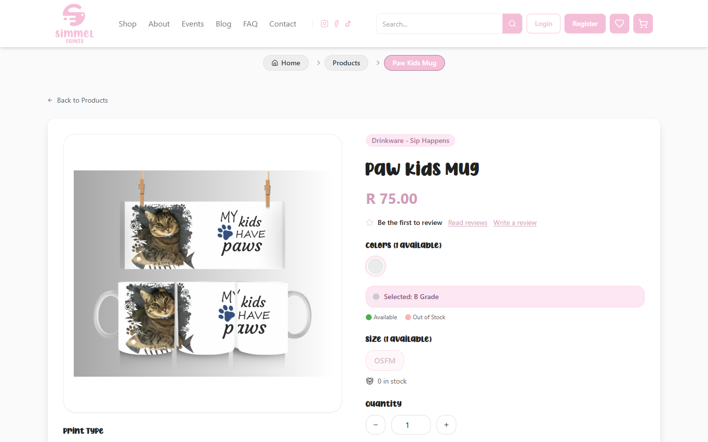 Simmel Prints product detail page for a Paw Kids Mug with price, options, stock, and quantity controls