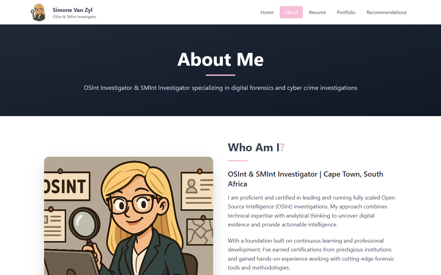 Simone Van Zyl about page with investigation background and profile details