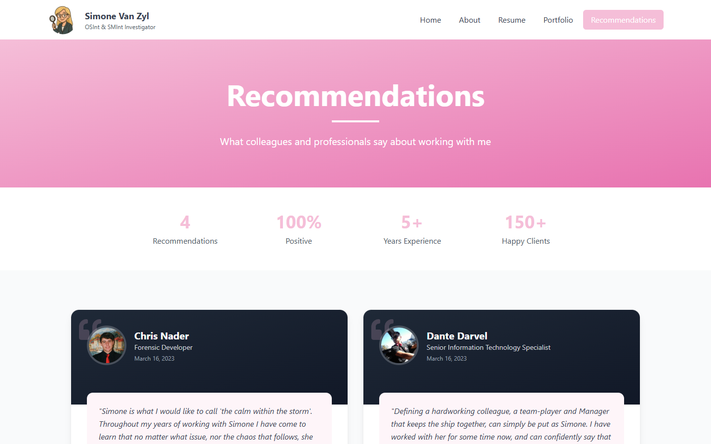 Simone Van Zyl recommendations page with professional endorsements