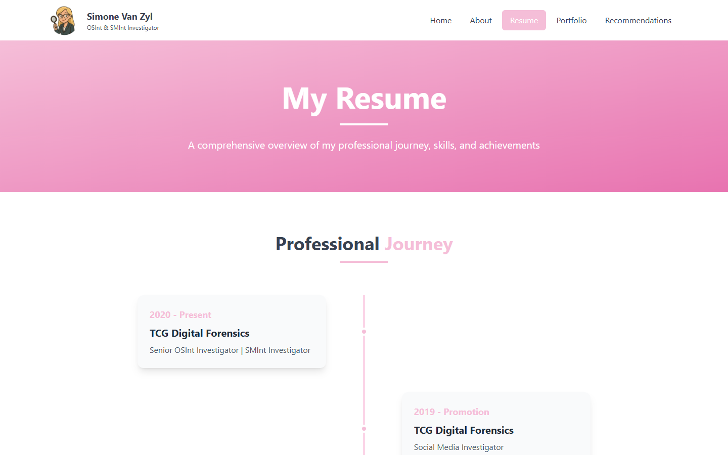 Simone Van Zyl resume page with experience, certifications, and skills