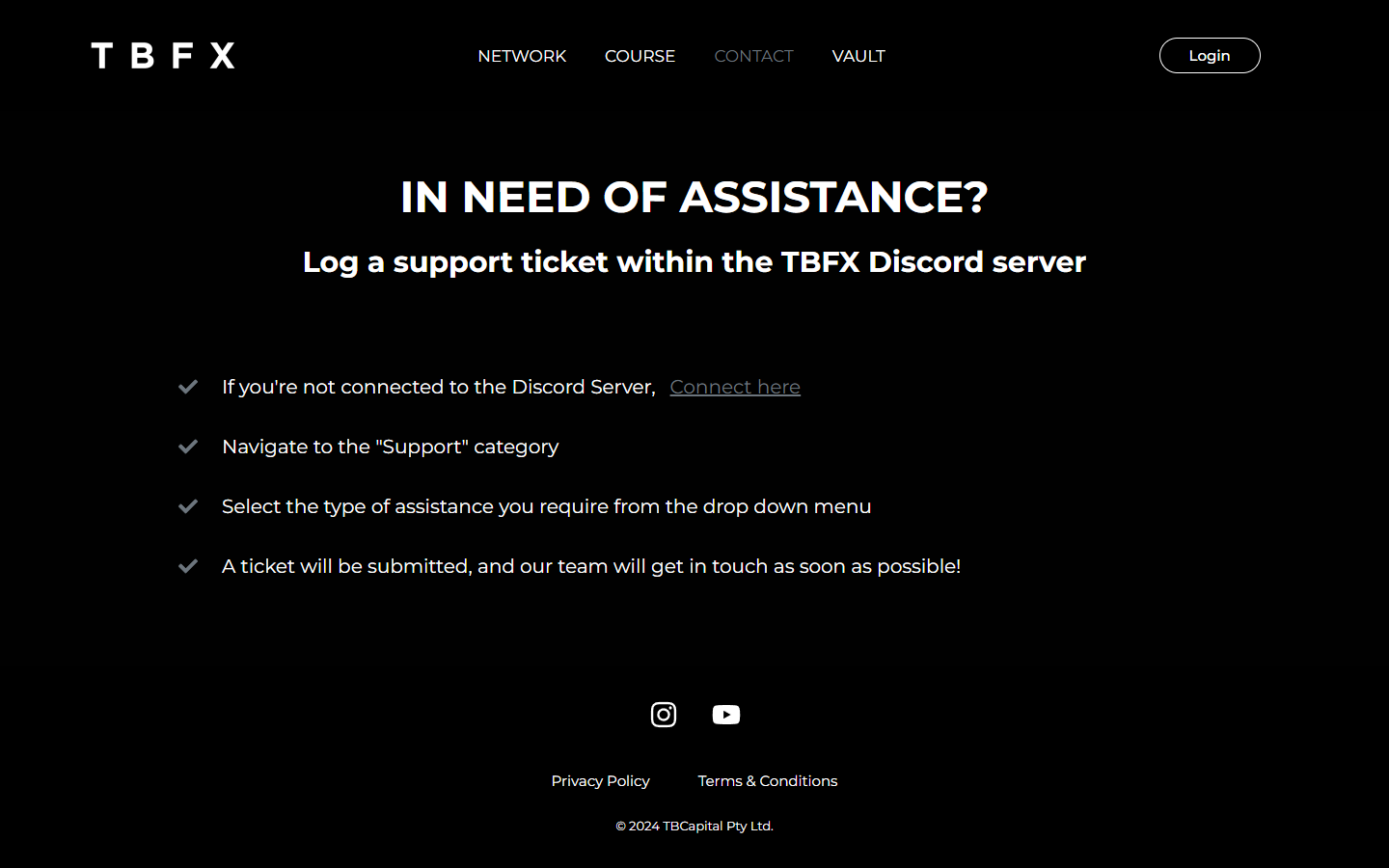 TBFX contact page with Discord support ticket instructions
