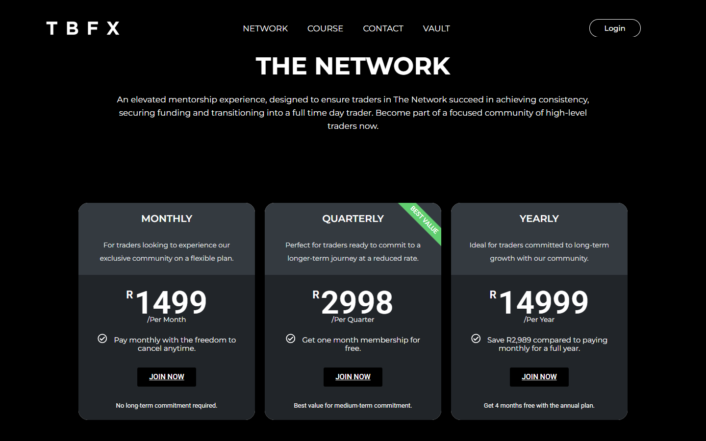 TBFX Network page explaining member access and community offer